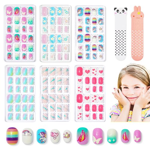 Modelones Press on Nails for Kids 144Pcs 6 Pack Children Acrylic Christmas Fake Nails Pre-glue Full Cover Glitter Gradient Color Starts Unicorn Butterfly Short False Nail Art Kits Sets Gifts