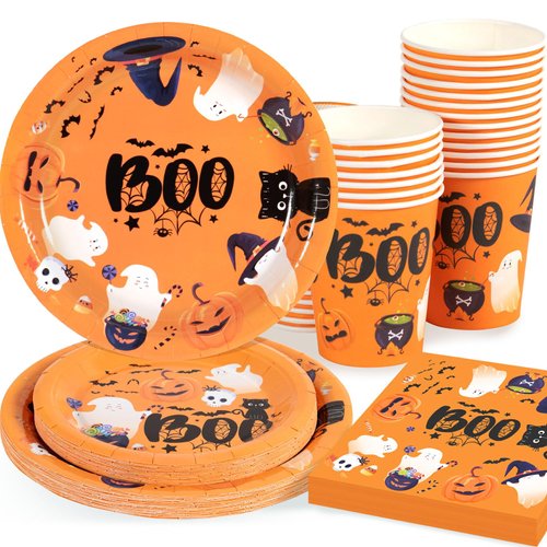 OTTPOOM Halloween Party Supplies Halloween Plates Napkins and Cups Party Dinnerware Halloween Ghost Boo Paper Plates for Halloween Birthday Party Decorations, Serves 25