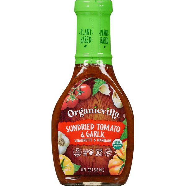 Organicville Sundried Tomato and Garlic Vinaigrette - Salad Dressings, Keto Friendly, Gluten Free, Organic, Vegan, Paleo, 0g Added Sugar, Whole 30, Made with Organic Sun Dried Tomatoes - 8 Oz