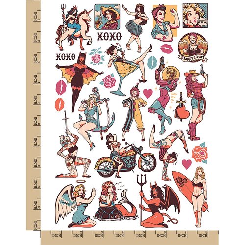 Pin-Up Woman Ladies Temporary Tattoo Water Resistant Fake Body Art Set Collection - Color (One Sheet)
