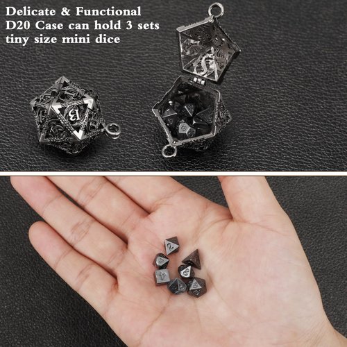Syhood Mini Dice Set 7 Pcs Tiny Small Metal Dice Set Hollow D20 Necklace Dice Case Keychain Role Playing Table Games Portable Teacher Gift Mother Gift(Antique Silver)