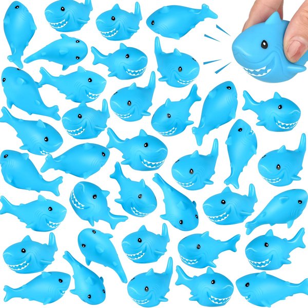 60 Pieces Rubber Sharks Blue Rubber Bath Sharks Cute Squeezable and Squeak Shark Small Rubber Sharks Bathtub Swimming Rubber Sharks Toys for Birthday Shower Bathtub Pool Party Favors
