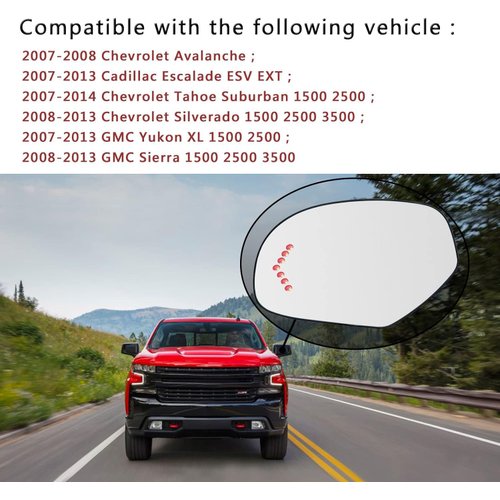 Driver Side Heated Mirror Glass Replacement For 2007-2013 Cadillac Escalade Yukon Chevrolet Suburban Silverado GMC Sierra Tahoe Avalanche Sierra - Side Mirror with Rear Holder and Turn Signal