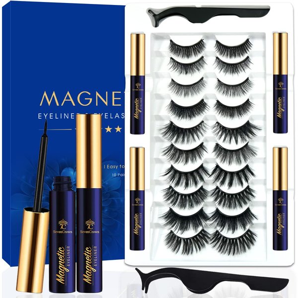 3D Magnetic Eyelashes with Eyeliner Kit - 7C SevenCrown Magnetic Lashes Natural Looking with Upgraded 4 Tubes of Magnetic Liner Waterproof, Long Lasting,Mix 10 Pairs Reusable Easy False Eyelashes