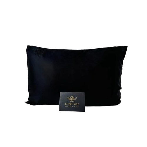 QUEEN BEE SILK - Silk Pillowcase for Hair and Skin - 22 Momme Mulberry Silk - Charmeuse Weave - Envelope Closure - King Size - Black