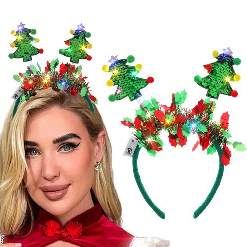 Gangel Christmas Headbands Christmas Tree Hairband Green Sequins Hair Band Light Up Headbands LED Glow Headpiece Party Holiday Hair Accessories for Women