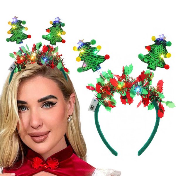 Gangel Christmas Headbands Christmas Tree Hairband Green Sequins Hair Band Light Up Headbands LED Glow Headpiece Party Holiday Hair Accessories for Women