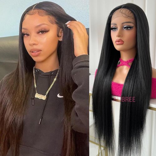 Aubree Long Straight Hair Black Synthetic Lace Front Wigs Glueless Pre Plucked Lace Front Wigs Black Wigs for Black Women Heat Resistant Fiber Natural Black Hair Wig With Baby Hair