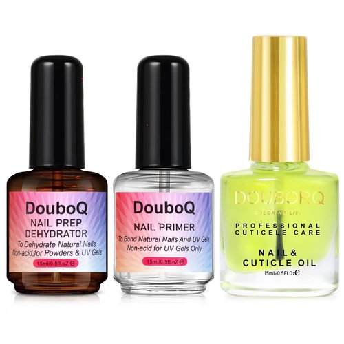 DouborQ 3pcs 15ml Nail Dehydrator and Primer and Cuticle Oil for Nails - Professional Nail Prep Dehydrator and Primer Set Long Lasting Strength Acid-Free Nail Primer for Acrylic Nails ＆ Gel Nails for Beginner