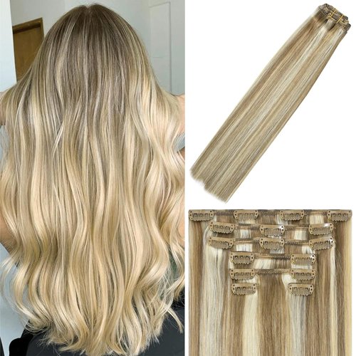 WindTouch Clip in Hair Extensions Human Hair Balayage Mixed Bleach Blonde 15Inch 70g Highlights for Blonde Remy Hair 7PCS #18P613 Gift for Women