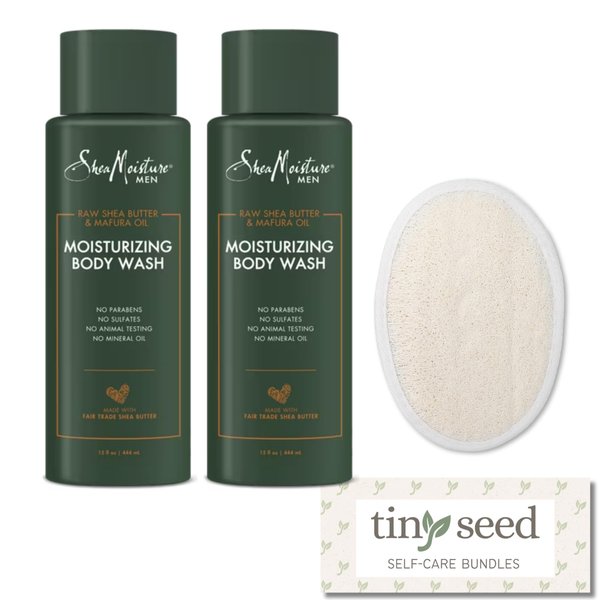 TINY SEED 2-Pack of Shea Body Wash. Raw Shea Butter & Mafura Oil Moisturizing Body Wash Cleanser For Men. Two 15 oz. Bottles Bundled with Natural Loofah Exfoliating Body Scrubber.