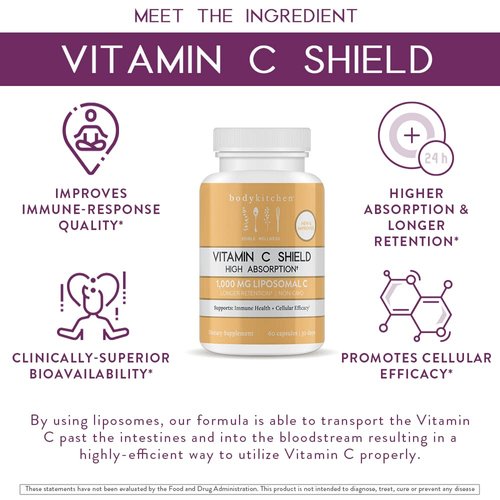 Body Kitchen Liposomal Vitamin C Shield, 1000mg PureWay-C, High Absorption, Non-GMO, Supports Immune Health and Cellular Efficacy, Veggie Caps, 60 Count