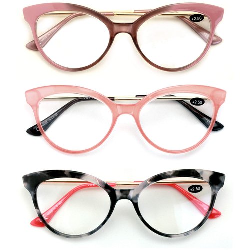 V.W.E. 3 Pairs Women Cateye Pointed Tip Reading Glasses - Metal Temple Cat Eye Readers (3 Pairs, 2.00)