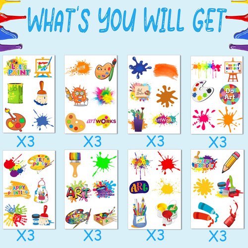 Art Temporary Tattoo Paint Birthday Party Favors Decorations Art Birthday Party Tattoos Stickers Favors Creative Party Supplies for Kids Girls Boys Gifts Classroom School Prizes 24 Sheets (144PCS)
