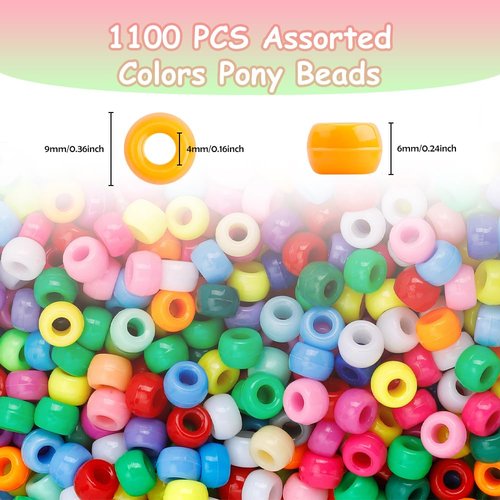 Pony Beads 1100 Pcs, Beads for Jewelry Bracelets Making, Bracelet Beads, Plastic Beads for Crafts, Hair Beads for Braids for Girls (Multicolored)