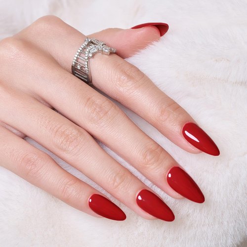 Wooyas Press on Nails Almond,Classic Red Medium Glossy Handmade Gel False Nails,Reusable Salon Perfect Fake Nail Kit in 12 Sizes - 24 Pcs Soft Gel Glue On Nails Kit for Women Gift