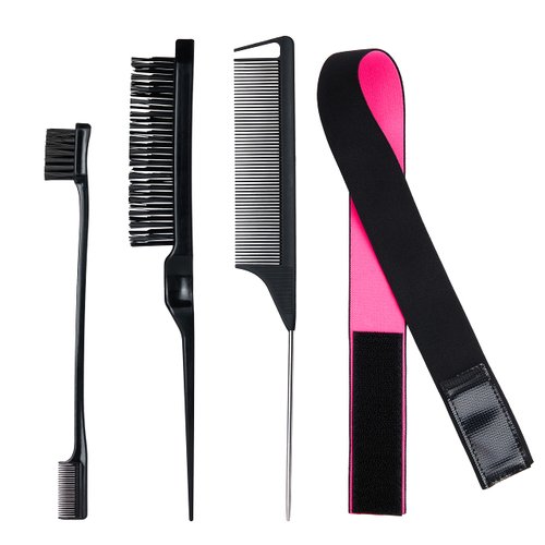 4 Pieces Hair Styling Comb Set Black - Bristle Teasing Brush, Rat Tail Comb, Dual Edge Brush, Elastic band for Wig - Edges Back Brushing Combing Slicking - Women Girls Stylists Baby Beauty Accessories