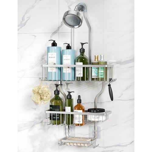 YASONIC Shower Caddy Hanging - Never Rust Shower Organizer - Aluminum Over The Shower Head Caddy with 10 Hooks for Razor/Sponge - Shower Rack with Soap Basket - Silver