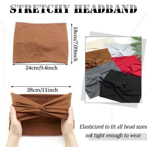 SAWINDA 6 Pack Wide Headbands for Women Boho Twist Knotted Head Bands Elastic Stretchy Hair Bands Non-Slip for Girls Vintage Knotted Head Wraps Turbans Yoga Workout Hair Accessories (Solid)