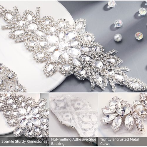 5 Pcs Crystal Rhinestone Applique Silver Wedding Applique Iron on Rhinestone Sash Applique Rhinestone Hair Applique for Bridal Wedding Dress Clothes Shoes(Exquisite Style)