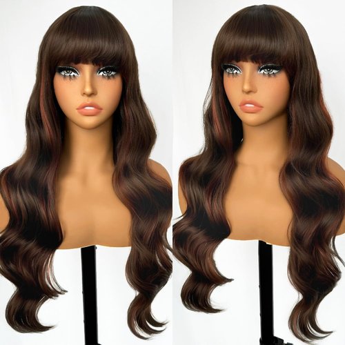 SOKU Long Body Wave Wigs with Bangs 26 Inch Brown Mixed Copper Red Glueless Synthetic Wavy Wigs with Highlights for Women Natural Wave Heat Resistant Wigs for Daily Party