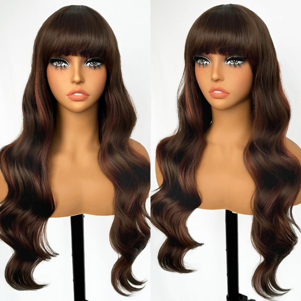 SOKU Long Body Wave Wigs with Bangs 26 Inch Brown Mixed Copper Red Glueless Synthetic Wavy Wigs with Highlights for Women Natural Wave Heat Resistant Wigs for Daily Party