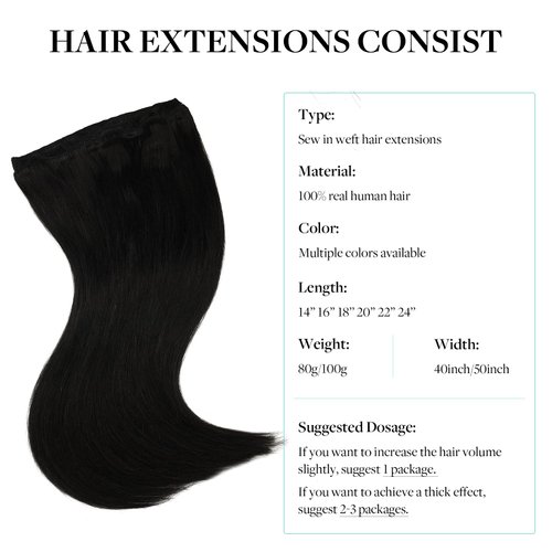 DOORES Sew in Hair Extensions 18 Inch 100g Jet Black Human Hair Extensions Sew in Full Head Set Remy Hair Extensions Weft, Weave Hair Extensions for Women