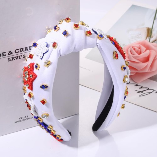 NVENF 4th of July Headbands, American Flag Star Headband Pearl Crystal Rhinestone Knotted Headbands Patriotic 4th of July Accessories Outfits for Women Holiday Gifts (American Flag 6)