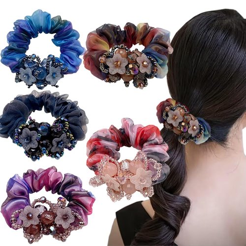 5 Pack Crystal Flower Scrunchies for Women Girls Elastic Hairbands Elegant Hair Ties Decoration Ponytail Holder Hair Tie Ropes Hair Accessories (Colorful)