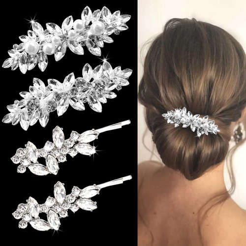 4 Pcs Bridal Rhinestone Hair Clips Crystal Pearl French Hairpins Elegant Rhinestone Jewelry Peael...
