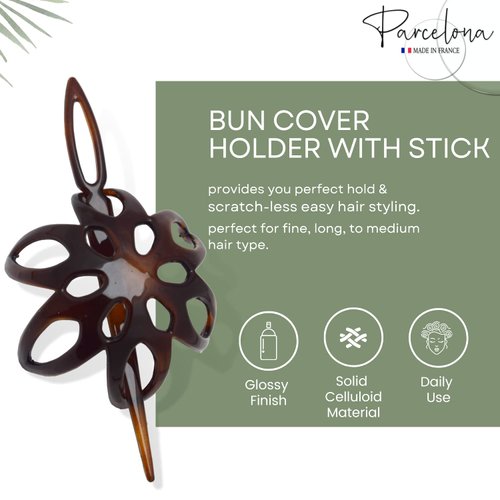 Parcelona French Fleur 3 Inches Small Tortoise Shell Chignon Hair Slider Pin Thru Bun Cover Cap Ponytail Holder Hair Updo with Stick