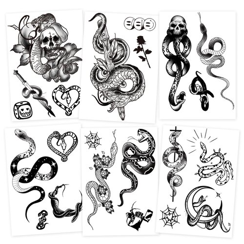 6-Pack Snake & Skull Temporary Tattoo Stickers - 5.9 x 8.2 Inch Black Mamba, Skull, Sword, and Flower Designs - Perfect for Halloween Cosplay & Party Decorations for Adults & Kids