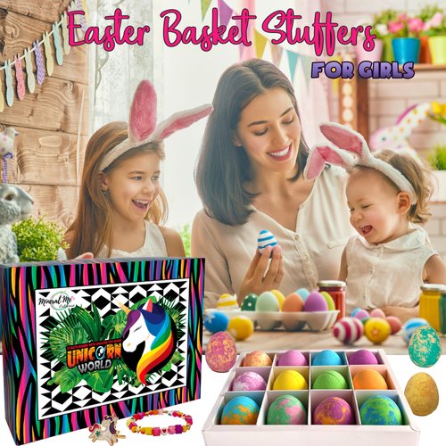 Unicorn Bath Bombs for Girls with Jewelry Inside - 12 Pack Organic Bath Bombs for Kids Girls with Surprise Inside, Skin Moisturizing Natural Rainbow Unicorn Bubble Bath. Easter Basket Stuffers Girls