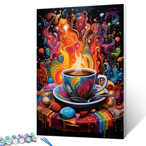 Graffitic Coffee Paint by Numbers Kits 16x20 inches Canvas Coffee Bean DIY Digital Oil Painting for Adults with Brushes and Acrylic Pigment -Abstract Doodle Cup Picture for Home Decor Gift(Diy Frame)