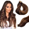 Belaved Tape in Hair Extensions Human Hair 100% Natural Hair Extensions Highlighted PU Tape in Hair Brown with Light Brown Glue on Hair Extensions 50 Grams 20 Pcs 14inch