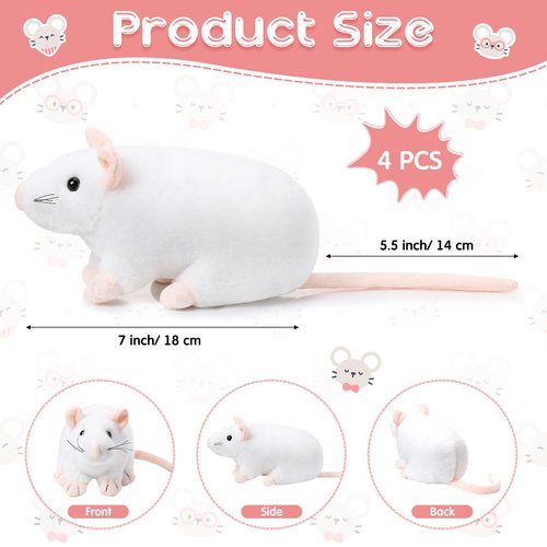 Kasyat 4 Pcs Fake Rat Stuffed Animals 7 Inch Fake Mouse Plush Toys Soft Cuddly Stuffed Mouse Realistic Rat Plushies for Christmas Costume Accessories Birthday Party Favors Prank Props(White)