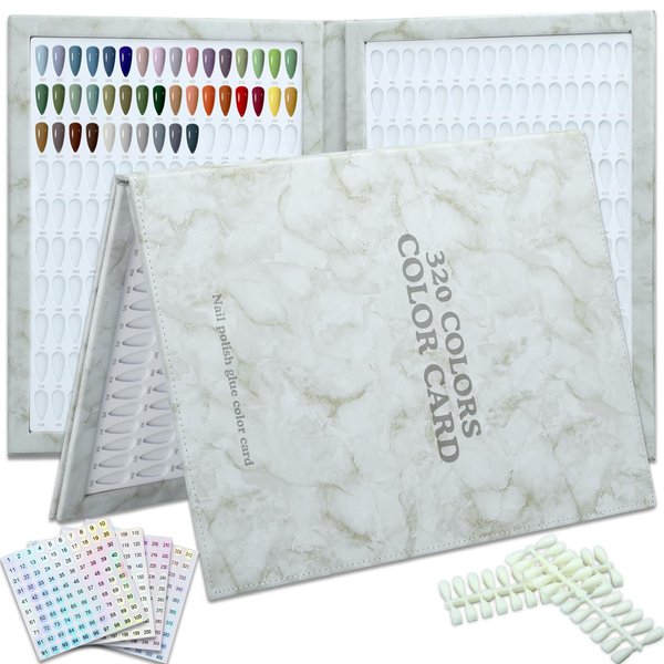 C12rtive 320 Colors Nail Swatches Book,Leather Nail Color Display Book with 480 Nail Tips & 1-400 Number Stickers,Professional Nail Color Chart Display Book for Nail Polish Nails Art Design(Grey)