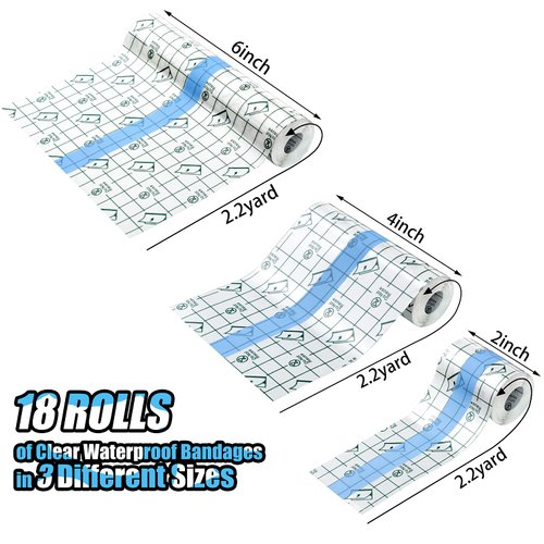 18 Rolls Waterproof Bandages for Swimming Waterproof Film Dressing Roll Waterproof Tape for Skin Adhesive Bandages for Shower, Tattoo, Swimming, 3 Sizes