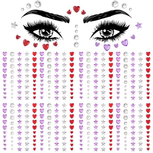 OIIKI 4 Sheets Star Heart Face Gems Stickers, Eye Face Jewels Stick on, Colorful Acrylic Rhinestone Face Makeup Tattoo Stickers, Rave Accessories for Halloween, Parties -Clear/Purple/Red - 384pcs