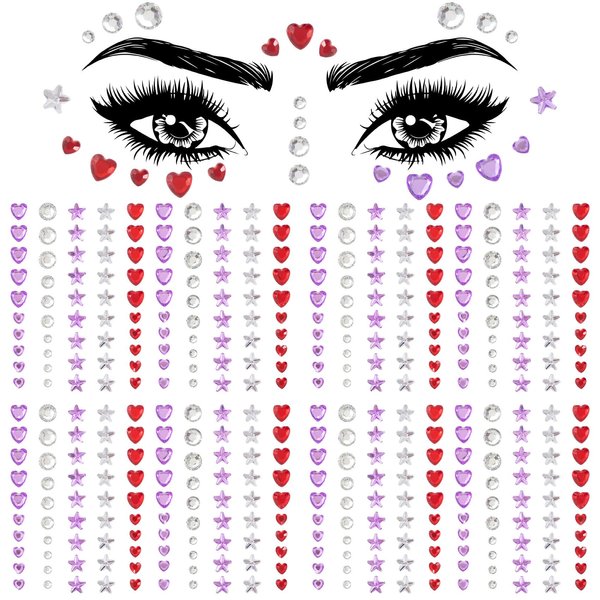OIIKI 4 Sheets Star Heart Face Gems Stickers, Eye Face Jewels Stick on, Colorful Acrylic Rhinestone Face Makeup Tattoo Stickers, Rave Accessories for Halloween, Parties -Clear/Purple/Red - 384pcs