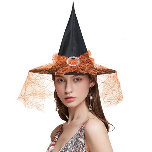 Edoneery Halloween Witch Hat for Women, Mesh Lace Fancy Dress Wizard Costume Accessory for Cosplay Parties(Orange)