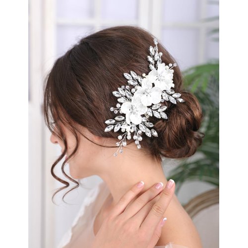 Teyglen Flower Bride Wedding Hair Clips Bridal Rhinestone Pearl Hair Clip Pin Silver Flower Wedding Headpiece Handmade Crystal Hair Piece for Women Girls