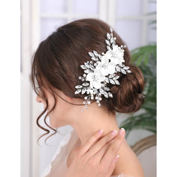Teyglen Flower Bride Wedding Hair Clips Bridal Rhinestone Pearl Hair Clip Pin Silver Flower Wedding Headpiece Handmade Crystal Hair Piece for Women Girls