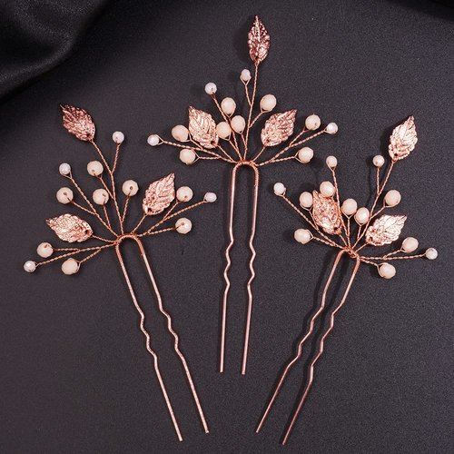 Teyglen Bride Leaf Hair Pins Wedding Rose Gold Leaves Beads Hair Pins Set Hair Clip Bridal Hair pieces Vintage Headpieces Hair Accessories for Women Girls