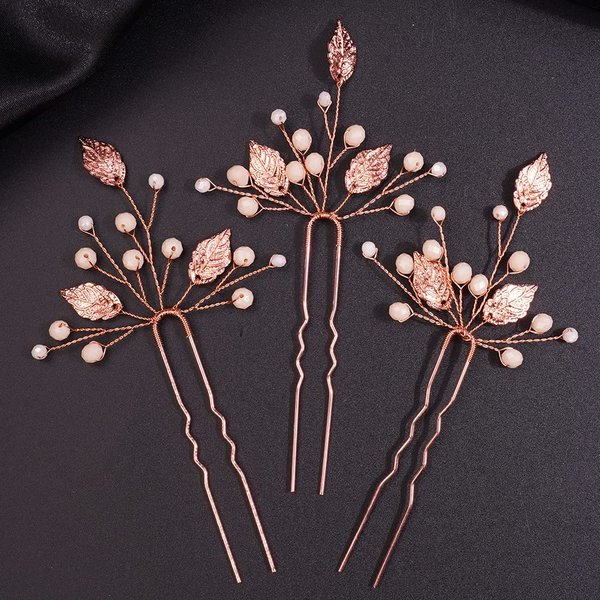 Teyglen Bride Leaf Hair Pins Wedding Rose Gold Leaves Beads Hair Pins Set Hair Clip Bridal Hair pieces Vintage Headpieces Hair Accessories for Women Girls