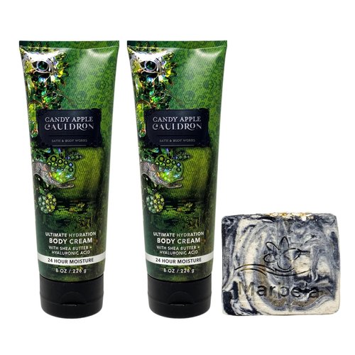 Bath & Body Works Candy Apple Cauldron 2 Piece Body Cream Bundle with a Charcoal Scrub Bar Soap - Full Size