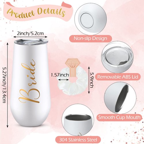 3 Pcs Wedding Bride Gift Set Include 6 oz Stainless Steel Wine Tumbler Bride Letter Cosmetic Toiletry Bag Silk Scrunchies Letter Patches Makeup Bag Hair Tie Wedding Gifts(Bride+Bride)