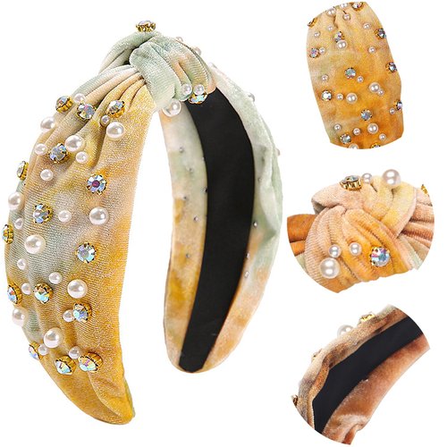 SeBneny Tie Dye Pearl Headband Crystal Rhinestone Headbands for Girls, Khaki Velvet Top Knotted Hairband Head Bopper Non Slip Wide Headband for Party Supplies Headwear 1PCS