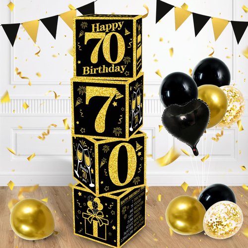 TONIFUL 4 Pcs 70th Birthday Decorations Boxes for Men Women,Seventy Years Old Birthday Cardboard Box Party Supplies,Black and Gold 70th Birthday Party Decorations