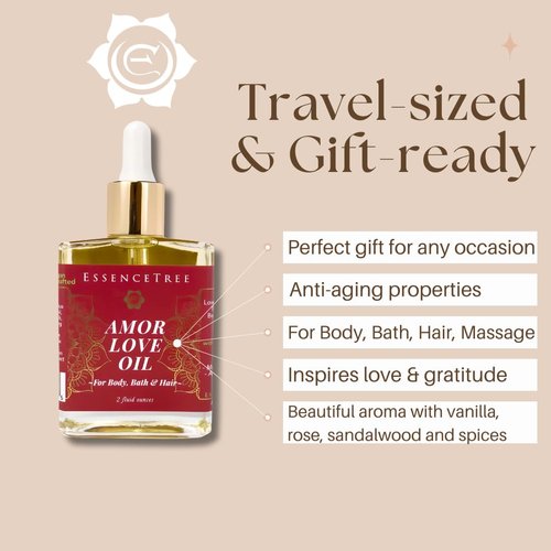 EssenceTree Holistic Life Amor Love Oil All-in-One Body Oil for Skin, Hair and Bath, Supports Youthful Skin, Addictive Scent Vanilla, Spice, Rose, Bergamot, Myrrh, Sandalwood, GLOW UP with Vitamin E